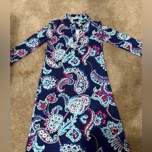 Talbots Navy and Teal Paisley 3/4 Sleeve Dress Size XS‎ Extra Small